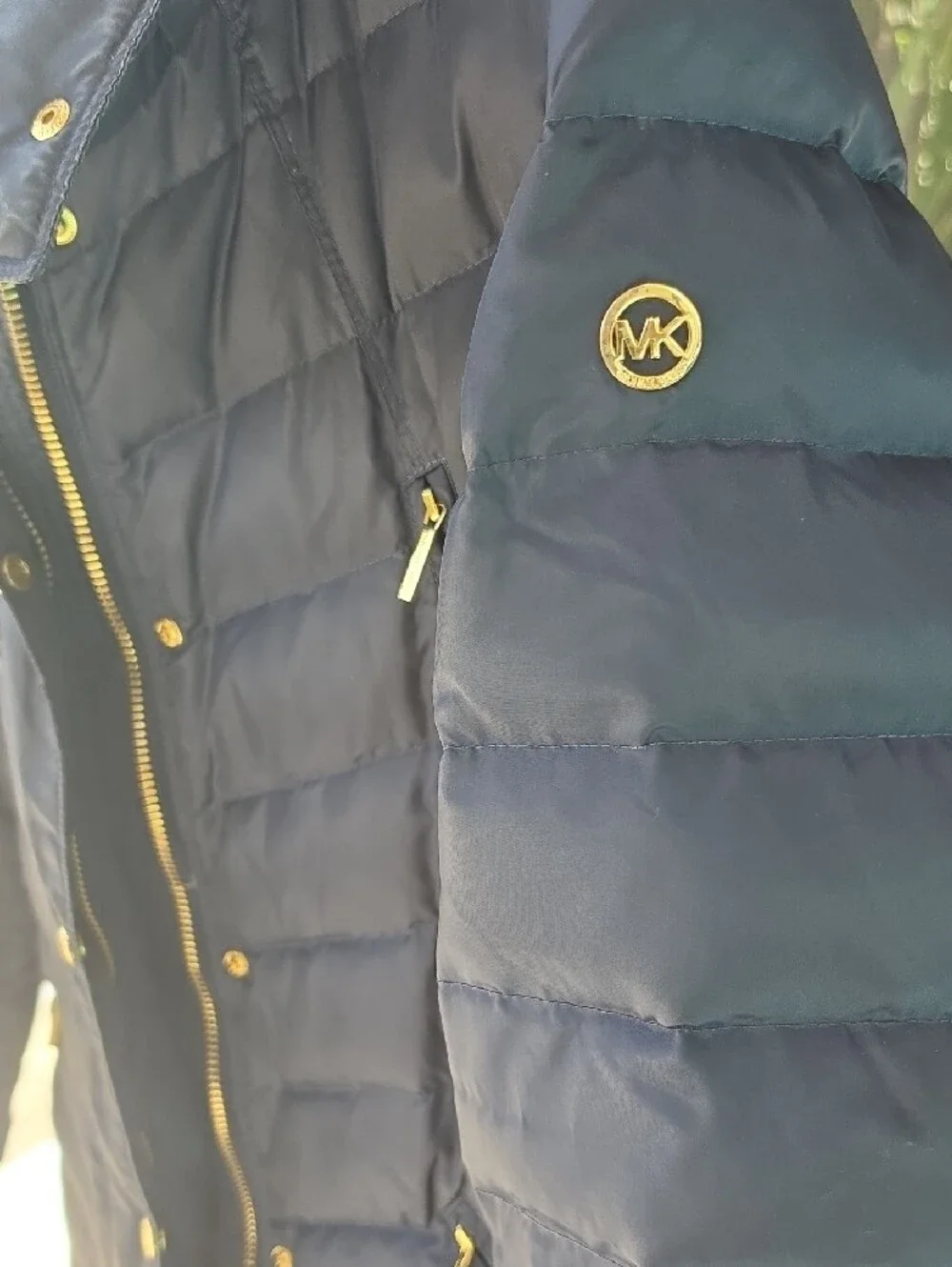 Michael Kors Navy Quilted Long Puffer Coat with Faux Fur Hood Trim